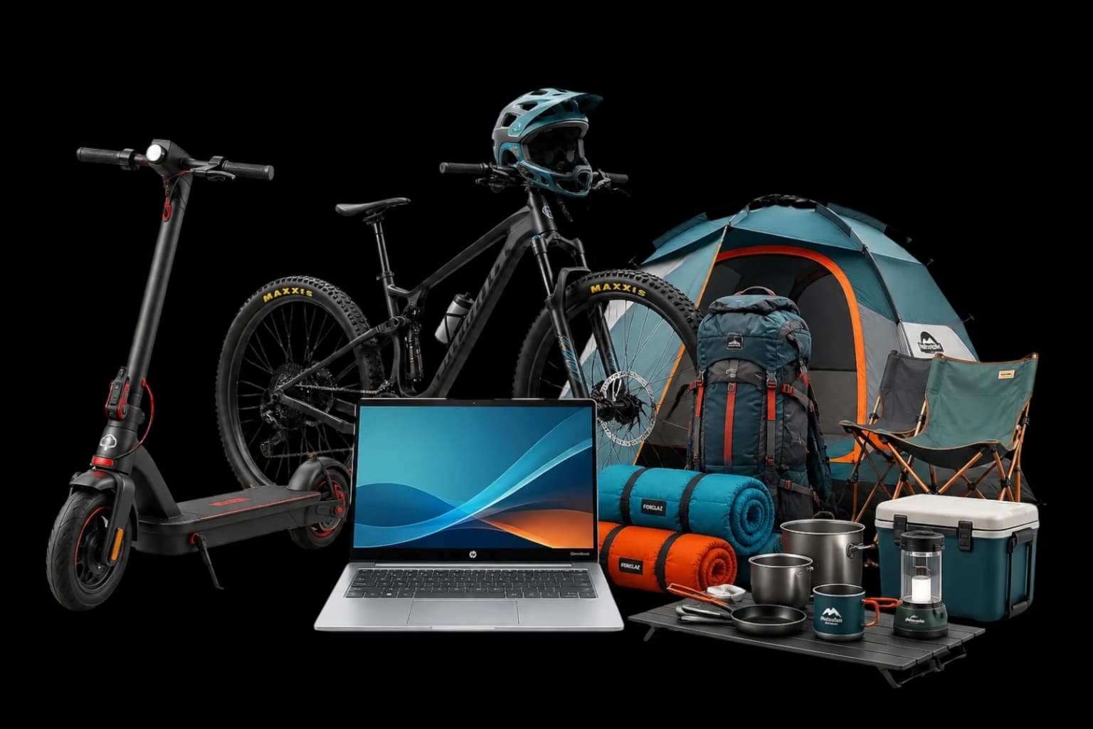 Premios del sorteo 1: bicicleta, monopatín eléctrico, notebook y equipo de camping.