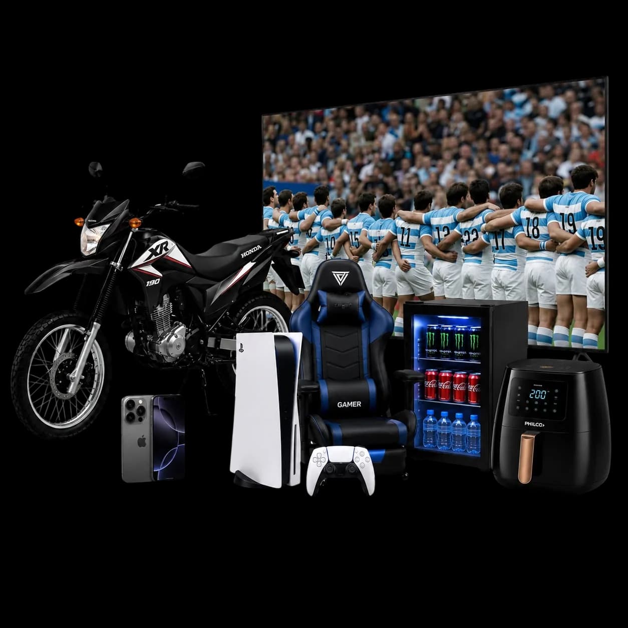 Premios del sorteo 3: moto Honda, televisión, silla gamer, consola, teléfono y freidora de aire.