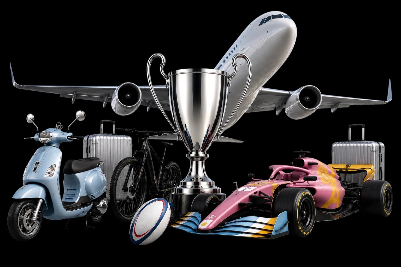 Premios del sorteo final: viaje, trofeo, auto de Fórmula 1, moto, bicicleta y valijas.